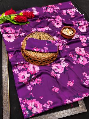Purple printed satin saree with blouse piece 5