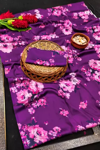 Purple printed satin saree with blouse piece