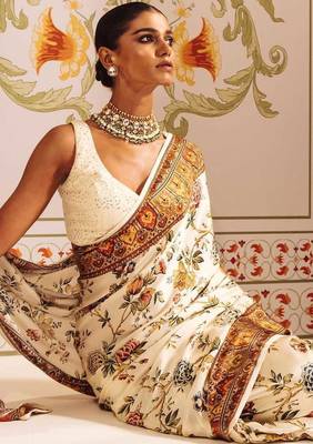 White printed satin saree with blouse piece 1