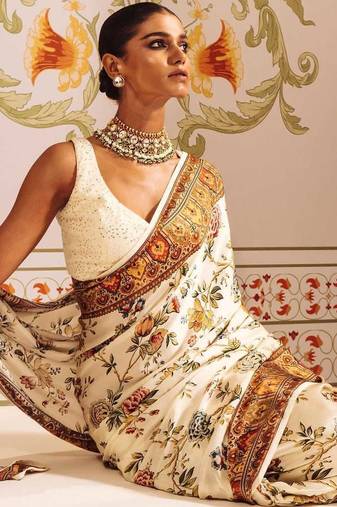 White printed satin saree with blouse piece