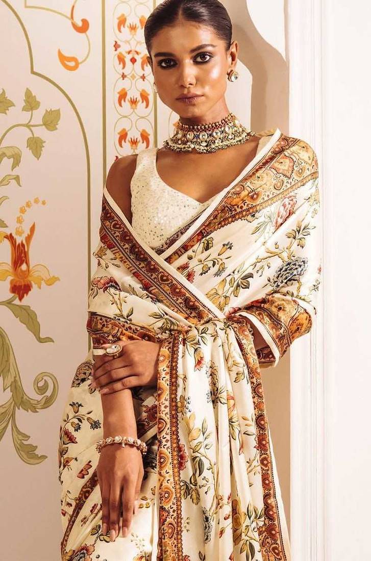 White printed satin saree with blouse piece