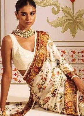 White printed satin saree with blouse piece 3