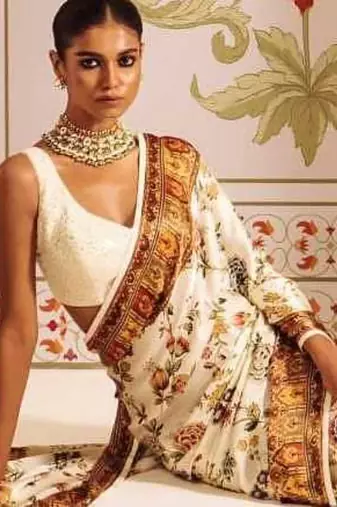 White printed satin saree with blouse piece