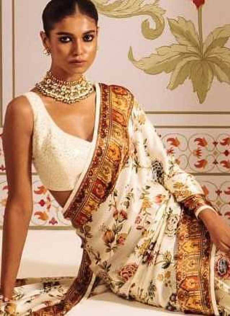 White printed satin saree with blouse piece