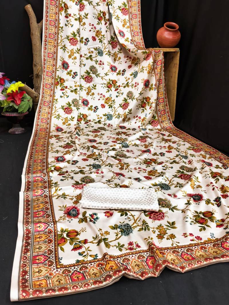 White printed satin saree with blouse piece