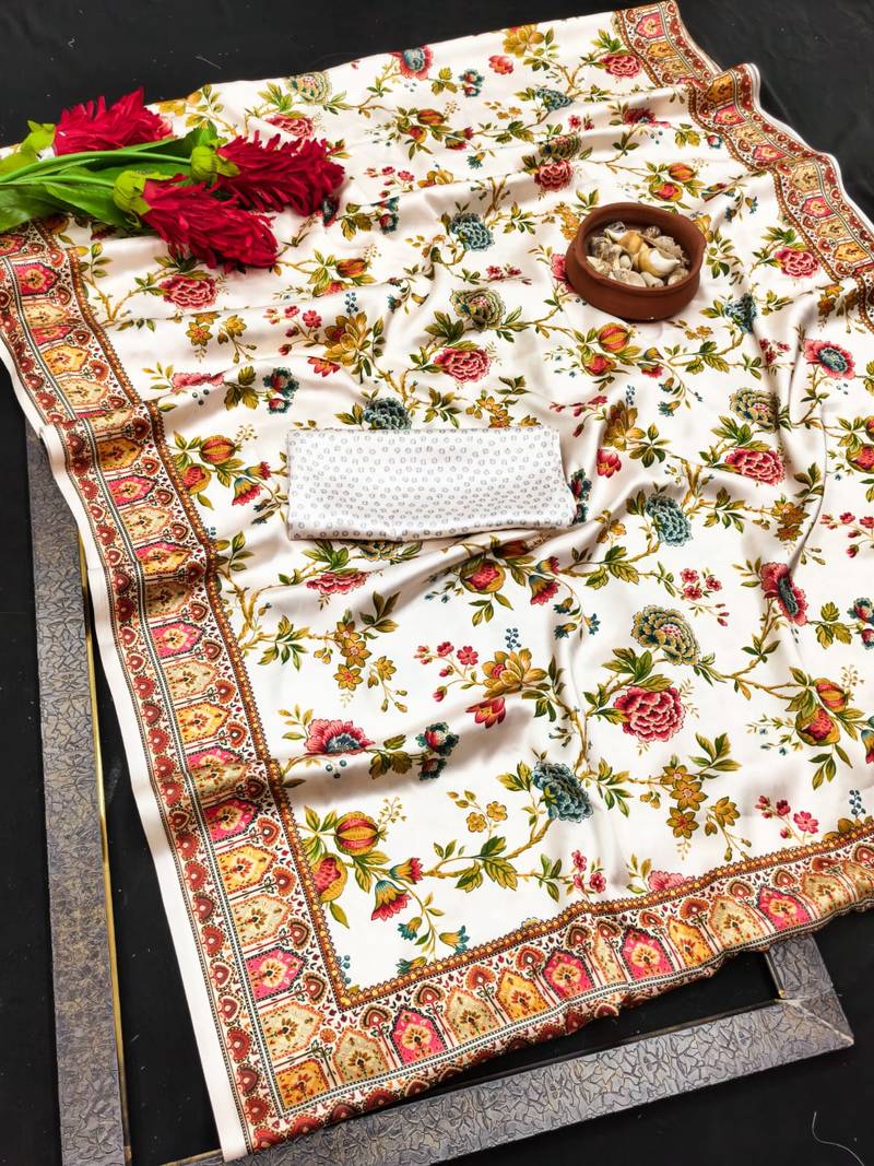 White printed satin saree with blouse piece