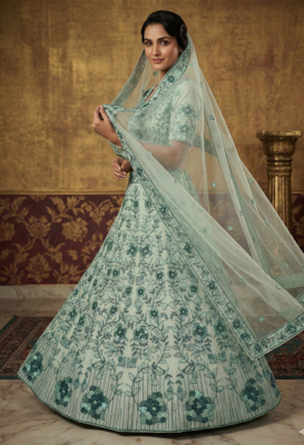 Light Green Faux Georgette Lehenga With Thread Dori Heavy Sequins Embroidery Work 2