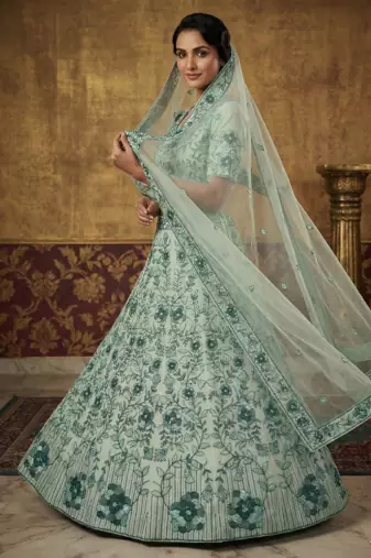 Light Green Faux Georgette Lehenga With Thread Dori Heavy Sequins Embroidery Work