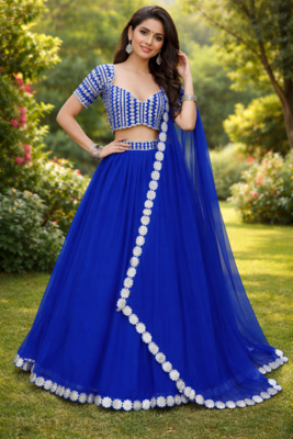 Blue Foil Mirror Work Georgette Lehenga Set With Dupatta 1