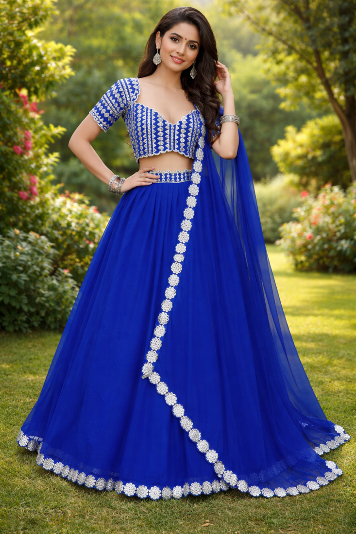 Blue Foil Mirror Work Georgette Lehenga Set With Dupatta