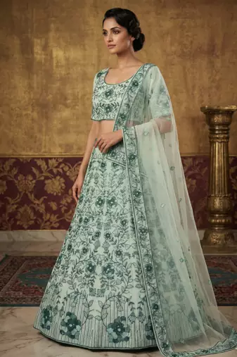 Light Green Faux Georgette Lehenga With Thread Dori Heavy Sequins Embroidery Work
