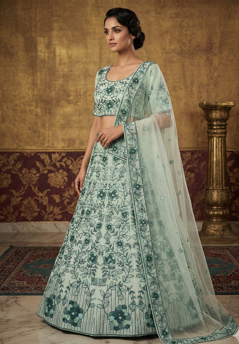 Light Green Faux Georgette Lehenga With Thread Dori Heavy Sequins Embroidery Work
