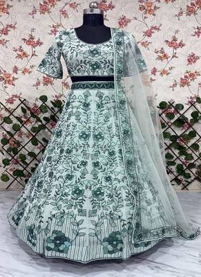 Light Green Faux Georgette Lehenga With Thread Dori Heavy Sequins Embroidery Work 3