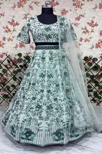 Light Green Faux Georgette Lehenga With Thread Dori Heavy Sequins Embroidery Work