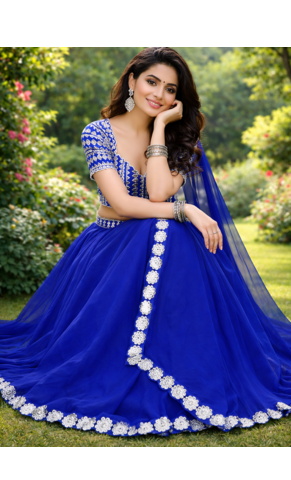 Blue Foil Mirror Work Georgette Lehenga Set With Dupatta 2