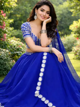 Blue Foil Mirror Work Georgette Lehenga Set With Dupatta