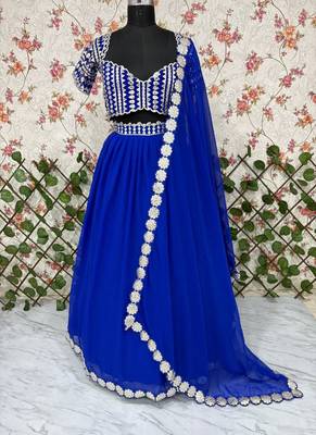 Blue Foil Mirror Work Georgette Lehenga Set With Dupatta 3
