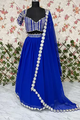 Blue Foil Mirror Work Georgette Lehenga Set With Dupatta
