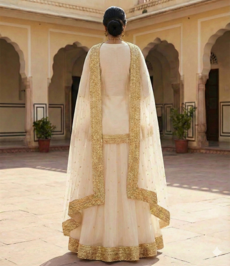Ivory Anarkali lehenga with Gold Border