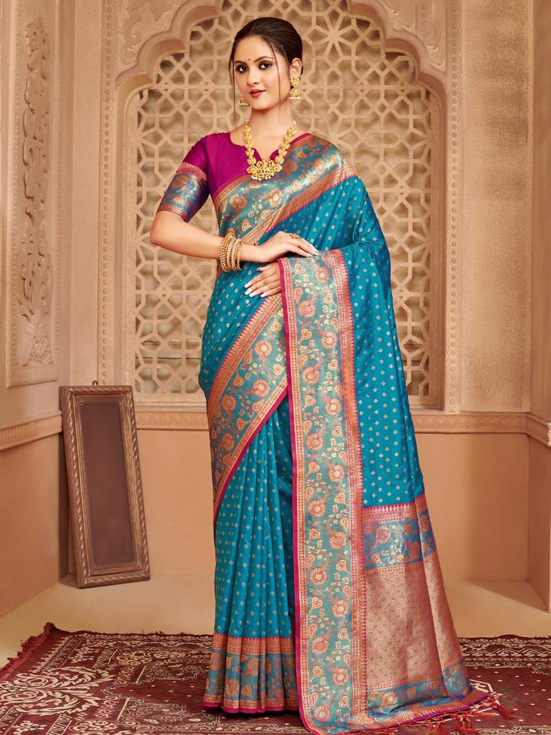 blue art silk saree with blouse piece