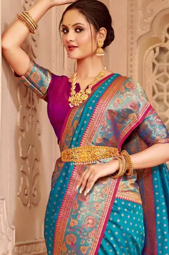 blue art silk saree with blouse piece