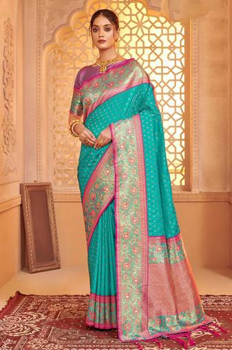 sea green art silk saree with blouse piece