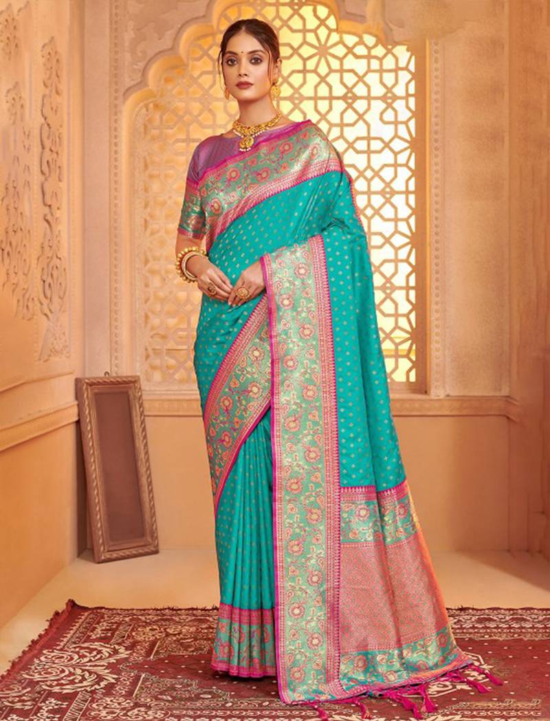 sea green art silk saree with blouse piece