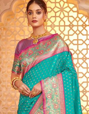 sea green art silk saree with blouse piece 2