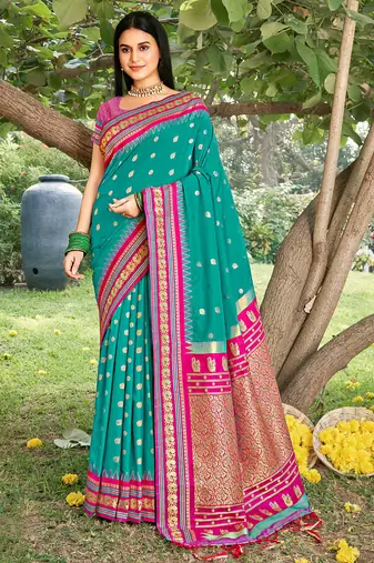 turquoise art silk saree with blouse piece