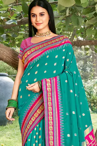 turquoise art silk saree with blouse piece