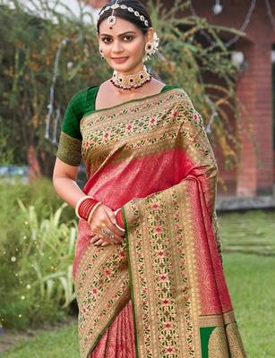 coral banarasi saree with blouse piece  2