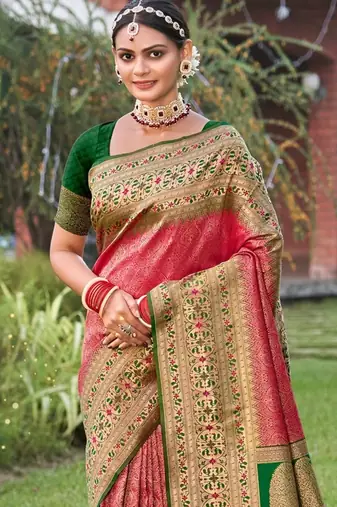 coral banarasi saree with blouse piece 
