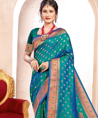 turquoise banarasi saree with blouse piece  1