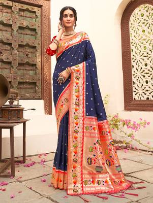 navy art silk saree with blouse piece 1