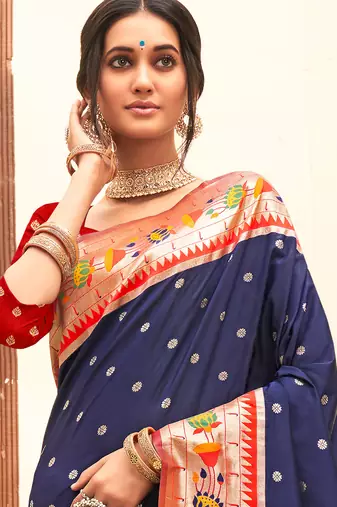 navy art silk saree with blouse piece