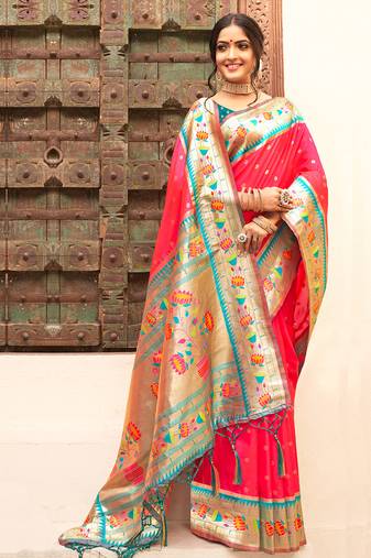 pink art silk saree with blouse piece
