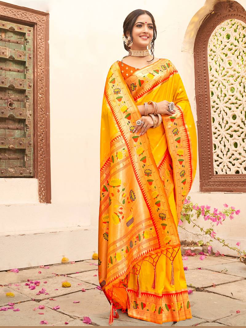 yellow art silk saree with blouse piece