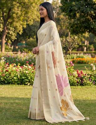off white linen saree with blouse piece 2