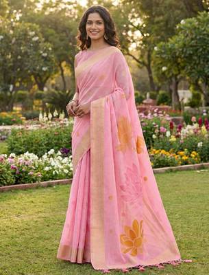 pink linen saree with blouse piece 1