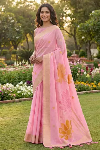 pink linen saree with blouse piece
