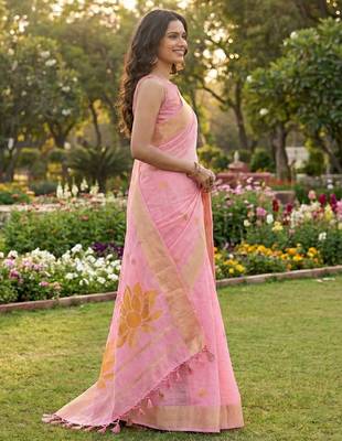 pink linen saree with blouse piece 2
