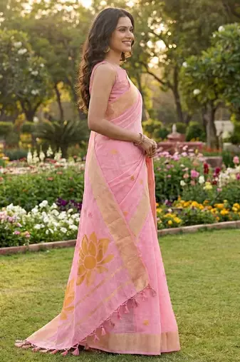 pink linen saree with blouse piece