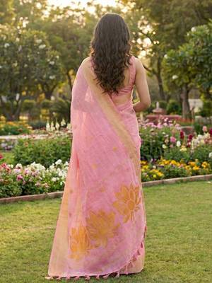 pink linen saree with blouse piece 3