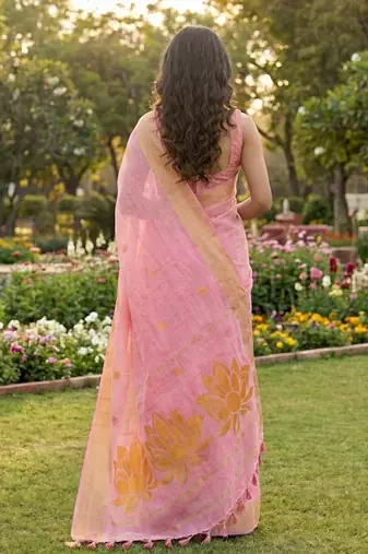 pink linen saree with blouse piece