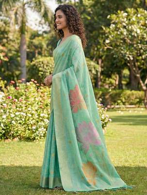 turquoise linen saree with blouse piece 2