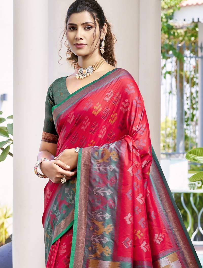 red silk saree with blouse piece
