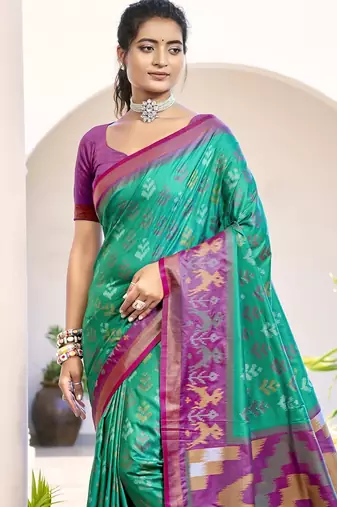sea green silk saree with blouse piece