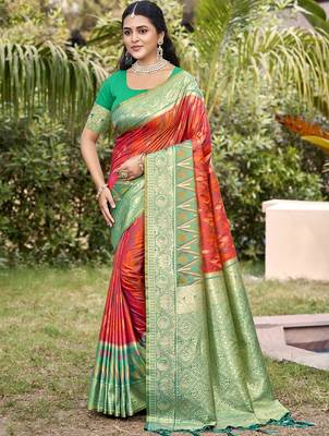 coral silk saree with blouse piece 1