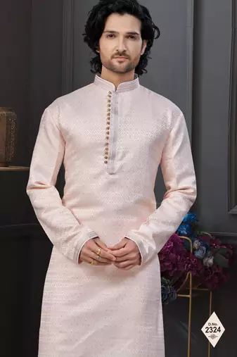 Peach banarasi jackard kurta and pajama for mens
