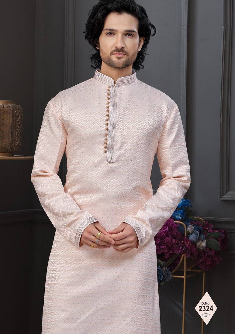 Peach banarasi jackard kurta and pajama for mens